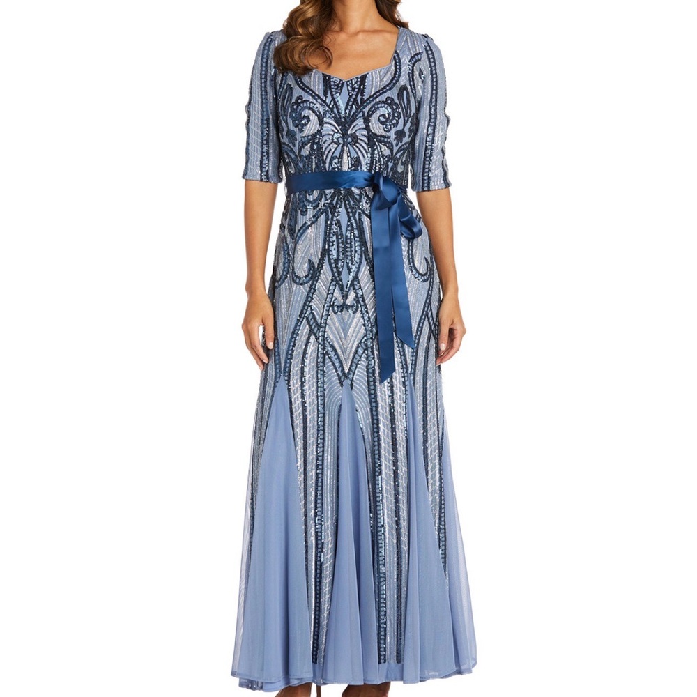 R&M Richards Navy and Silver Maxi Dress